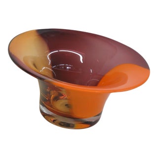 Teleflora Hand Blown Tri Color Florist Bowl Orange Amber Purple Art Glass 4859b For Sale