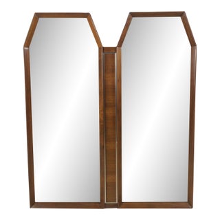 Unique Mid Century Modern Wall Mirror With Two Hexagonal Shaped Mirrors and Walnut Frame For Sale