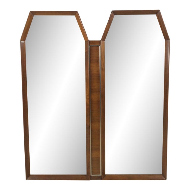 Unique Mid Century Modern Wall Mirror With Two Hexagonal Shaped Mirrors and Walnut Frame For Sale