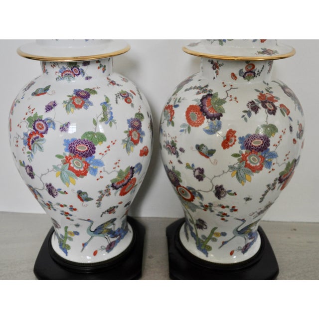 Chinoiserie El Morroco Perona Estate Floral and Gilt Porcelain Table Lamps by Ardalt For Sale - Image 3 of 7