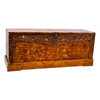 Antique Hand-Carved Dragon Wooden Trunk For Sale