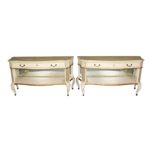 Rare Pair Faux Painted Marble Top French Regency Style Mirrored Console Tables