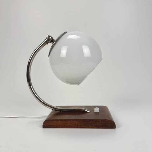 Metal Art Deco Wood and White Glass Table Lamp, 1940s For Sale - Image 7 of 7