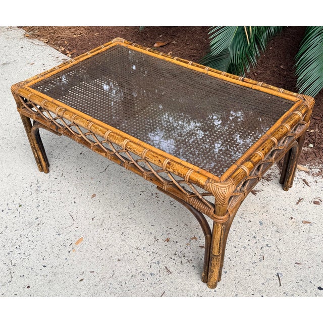 Mid-Century Modern Rattan Cane Bamboo Coffee Table 1960s Tortoise Style For Sale - Image 3 of 16