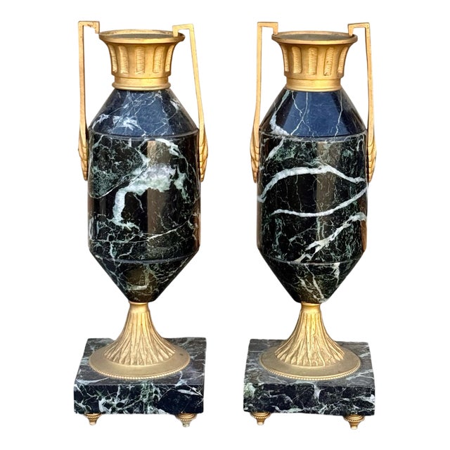 19th Century French Neoclassical Marble Ormolu Cassolettes Urns, Pair For Sale