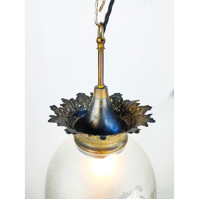 Antique Etched Glass Globe Pendant Light with Brass Gallery For Sale - Image 6 of 10
