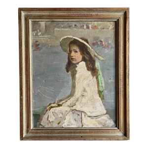 Antique Late 19th Century Belle Epoque Grand Tour Oil Painting on Board Portrait of a Young Girl in Venice