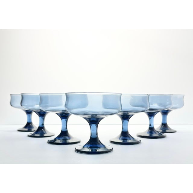 Contemporary 1980s Libbey “Connoisseur (Dusky Blue, Tulip)” Set of 7 Coupe Champagne Glasses For Sale - Image 3 of 4