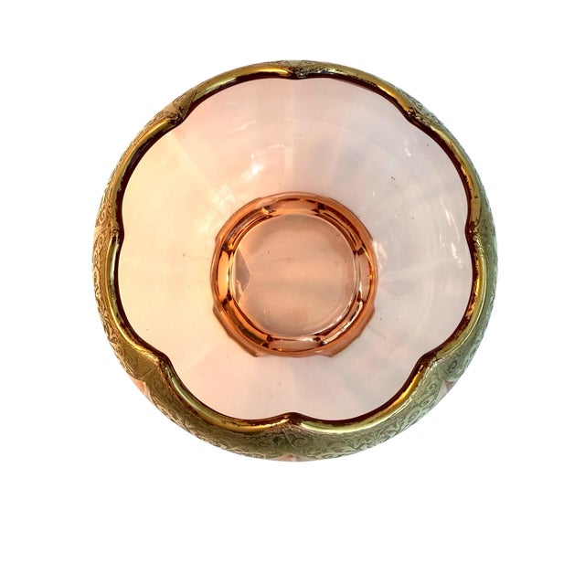 Czechoslovakia Art Deco Decorative Gold Etched Depression Glass Footed Bowl Centerpiece For Sale - Image 4 of 7