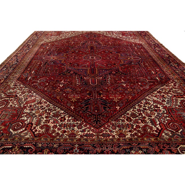 12 X 16 Red Antique Heriz Wool Rug Handmade With Medallion Motif For Sale - Image 9 of 9