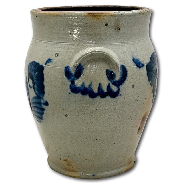 Outstanding Large 3 Gallon Size Antique American Stoneware Jar With Extensive Blue Hand Decorated Features - Circa 1830s For Sale In Boston - Image 6 of 18
