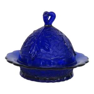 Lg Wright Cobalt Blue Glass Covered Dome Lid Butter Cheese Dish Leaves