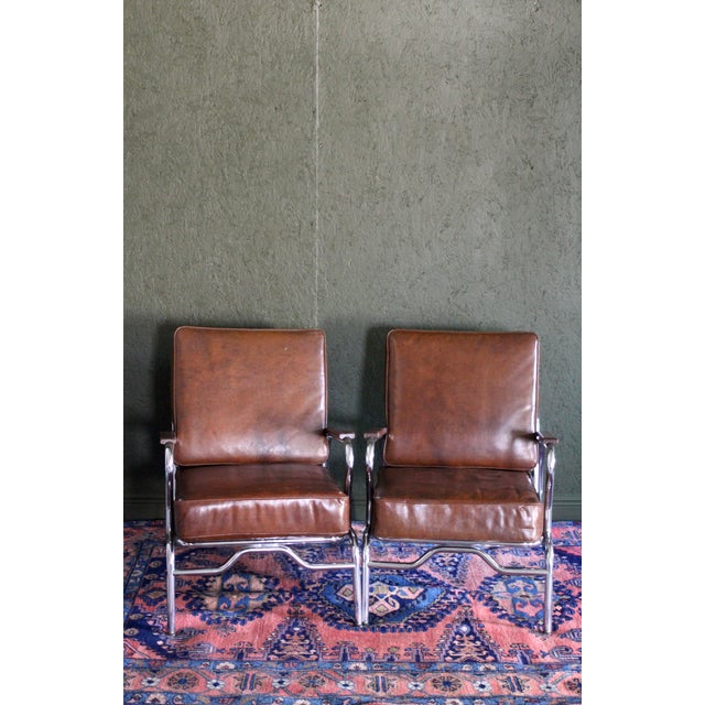 1940s Art Deco Style Pair of Chromecraft Brown Chairs For Sale - Image 11 of 17