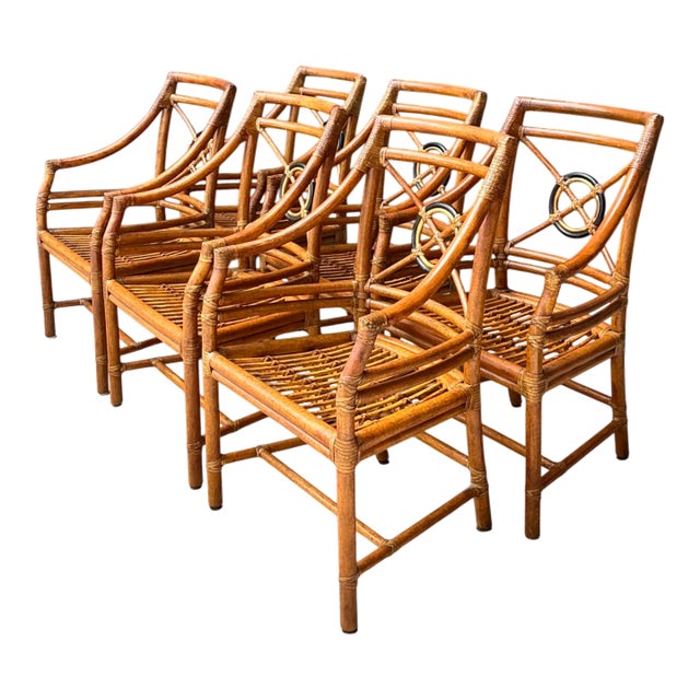 Vintage McGuire Target Back Rattan Dining Chairs - Set of 6 For Sale