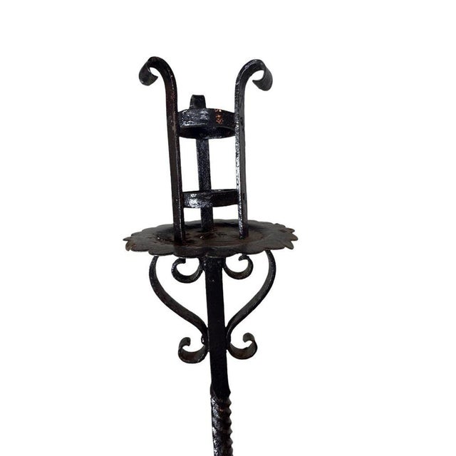 Spanish Revival Antique Wrought Iron Floor Candelabras - Holds One Pillar Candle - Set of 2 For Sale - Image 3 of 11