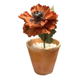 Vintage Potted Tole Red Poppy Flower / Floral Arrangement by Artist Helen Hornberger in an Antique Terracotta Pot For Sale