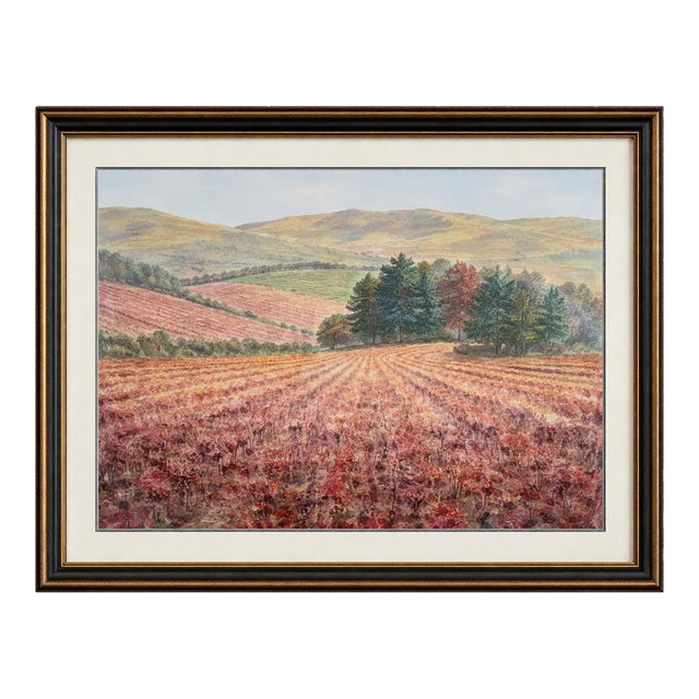 Late 20th Century Signed Autumn Vineyard Landscape Watercolor by Henderson, S.W.A. — Framed For Sale
