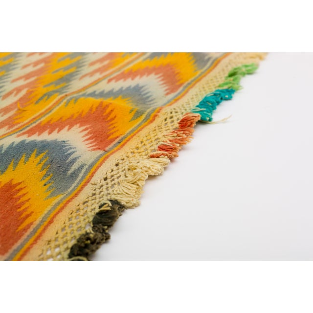 Tribal Blue and Yellow Chevron Pattern Rajasthani Indian Dhurrie Rug For Sale - Image 4 of 6