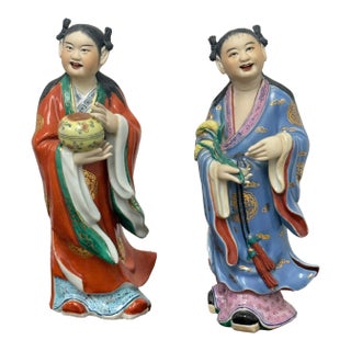 Famille Rose Porcelain Deity Figurines, Set of Two For Sale