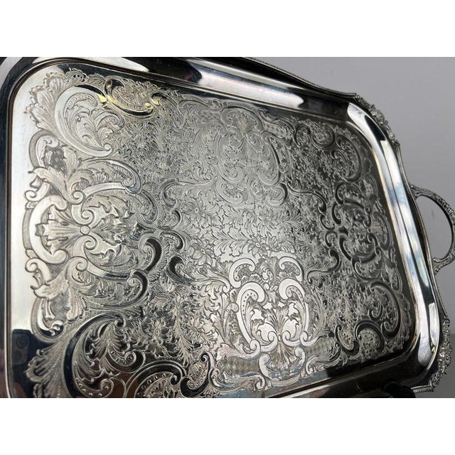 Vintage English Ornate Engraved Metal Twin Handle Tray For Sale - Image 6 of 18