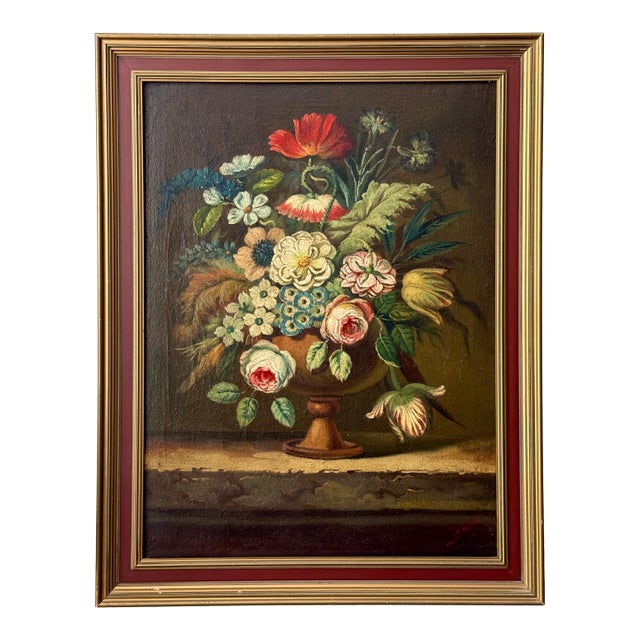 Antique European Dutch Masters Flower Still Life Framed Oil Painting Framed For Sale