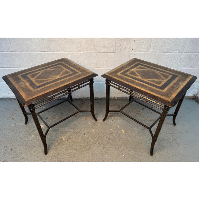 Sophisticated pair of vintage Maitland-Smith end tables featuring striking geometric inlay and an exotic, old-world...