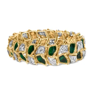 18K Yellow Gold 3 1/4 Cttw Diamond and Green Enamel Gold Textured Bracelet (G-H Color, VS1-VS2 Clari