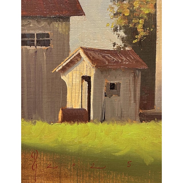 Farm Near Brandywine by Diego Glazer | Oil on panel Farm buildings and silos in a rural landscape. For Sale - Image 4 of 5