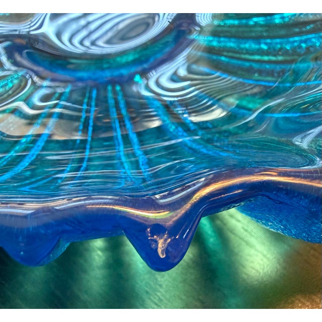 Blenko 1960’s Glass Bowl Joel Myers Peacock Blue MCM For Sale - Image 10 of 10