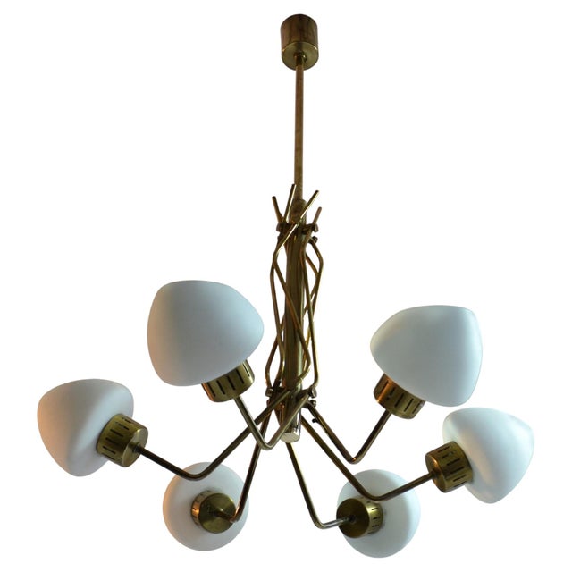 Opaline and Brass Italian Chandelier in the style of Stilnovo, 1950s For Sale - Image 14 of 14