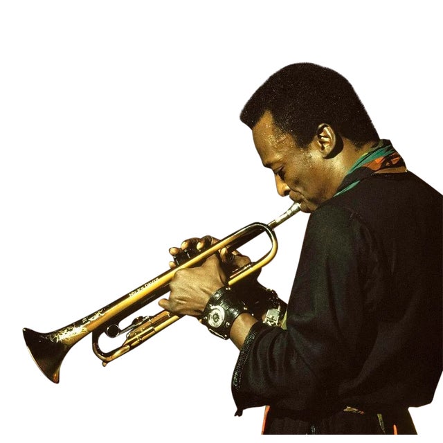 American trumpeter and composer Miles Davis (1926 - 1991) performs on stage for the BBC 'Jazz Scene' television show...