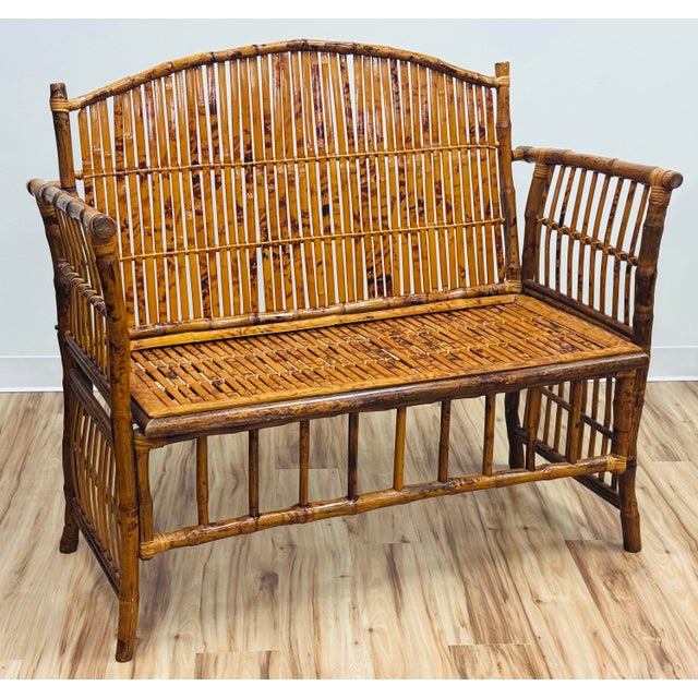 Mid 20th Century Vintage Scorched Bamboo Settee Bench For Sale - Image 5 of 9