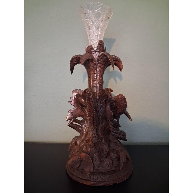 Antique Black Forest Vase Holder with Two Birds and Crystal Vase, 1915 For Sale - Image 4 of 6
