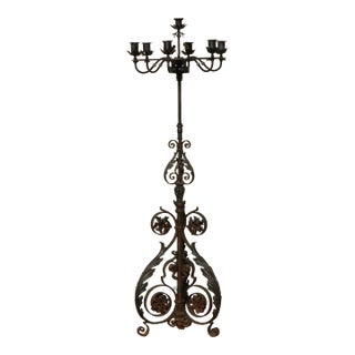 Antique Wrought Iron Floor Candelabra | Ornate Gothic Revival Candleholder | Early 20th Century For Sale