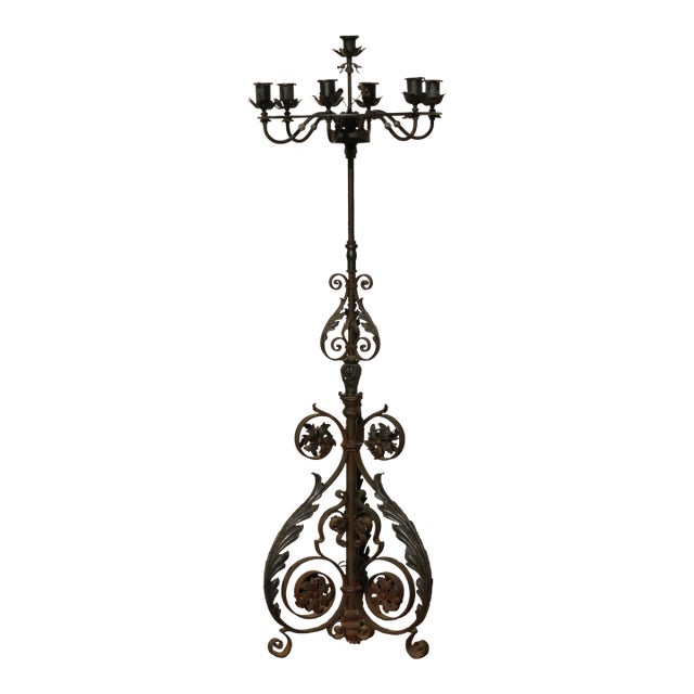 Antique Wrought Iron Floor Candelabra | Ornate Gothic Revival Candleholder | Early 20th Century For Sale
