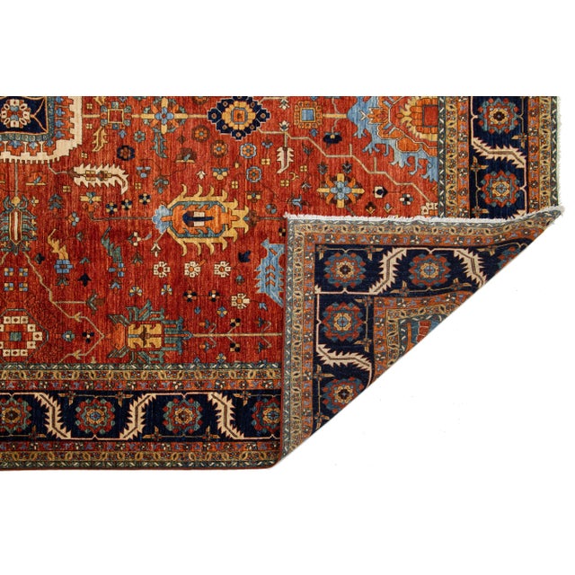 Red Room Sized Modern Serapi-Style Wool Rug in Rust- Red With Allover Floral Design For Sale - Image 8 of 9
