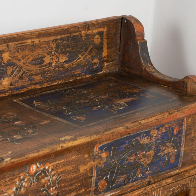 Brown Original Hand Painted Long Pine Bench Dated 1933 For Sale - Image 8 of 9