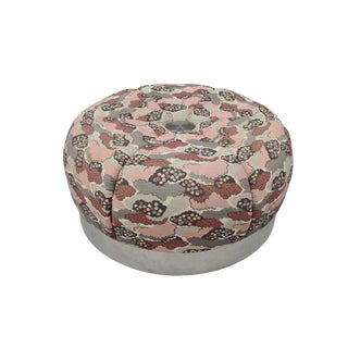 Mid Century Modern Round Pink Tufted Chrome Base Souffle Pouf Ottoman For Sale