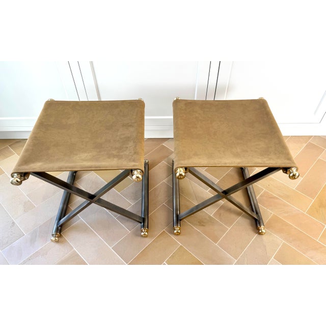 Pair of Late 20th Century Maison Jansen Style Brushed Steel, Brass and Nubuck Leather X-Frame Stools For Sale In Chicago - Image 6 of 9