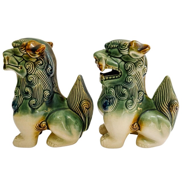 Late 20th Century Pair of Green & Blue Glazed Ceramic Foo Dog Figurines For Sale - Image 4 of 9
