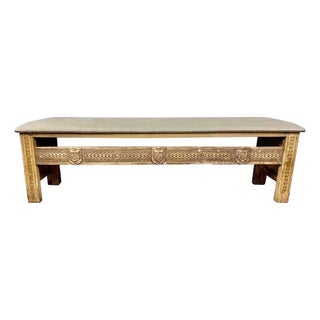 Monumental Spanish Carved Wood Bench, Linen Upholstery, 19th Century For Sale