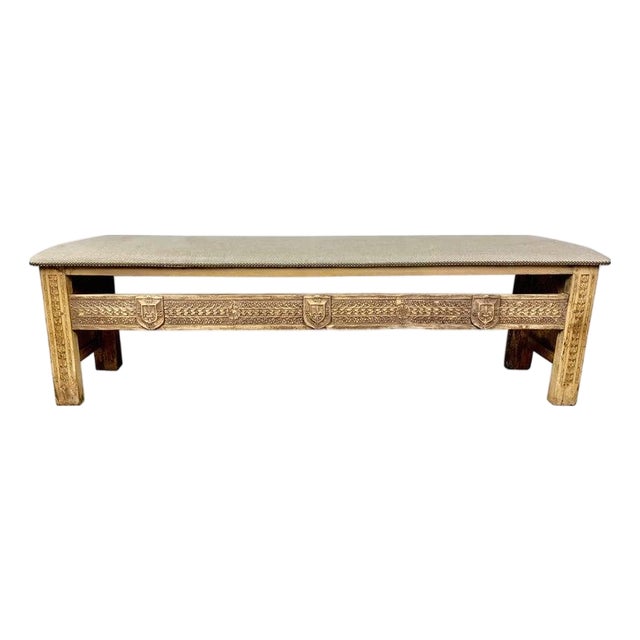 Monumental Spanish Carved Wood Bench, Linen Upholstery, 19th Century For Sale