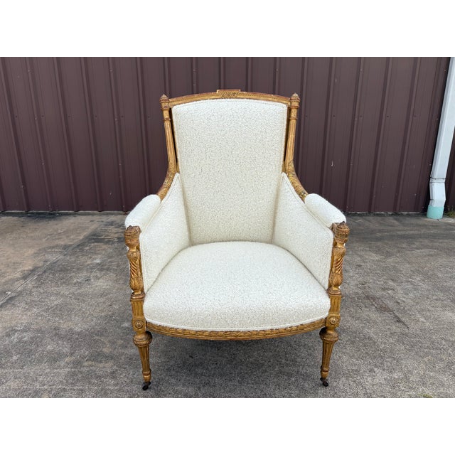 19th Century French Louis XVI Style Giltwood Bergere. Offered is a very large mid-19th century French Louis XVI style or...