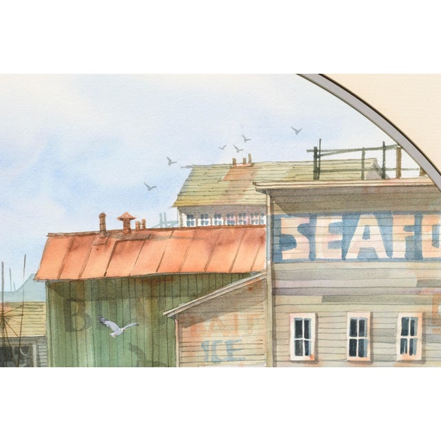 Jones Realism Seafood Shops on the Pier Watercolor Landscape Late 20th Century For Sale In Monterey, CA - Image 6 of 9