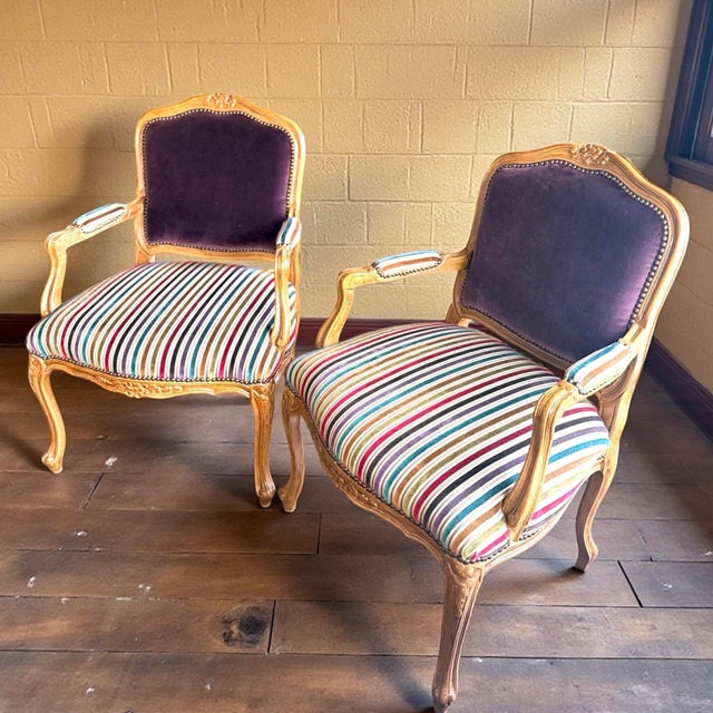 Custom Vintage Jewel Stripe Abergine French Imprt Velvet Silk Fabric Accent Chair For Sale - Image 4 of 11