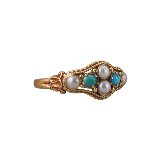 Antique 18k Gold Pearl and Turquoise Ring For Sale In Tampa - Image 6 of 11