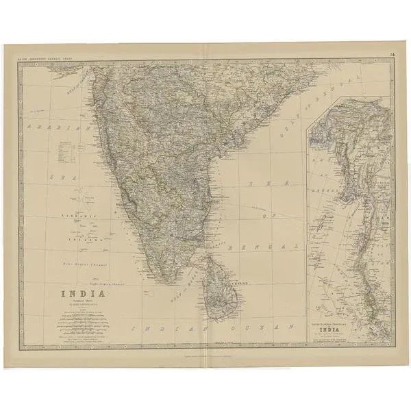 Antique map titled 'India (Southern Sheet)'. Old map of Southern India and Ceylon (Sri Lanka). with an inset map of the...