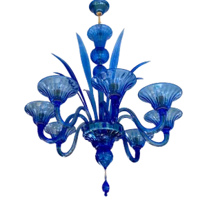 1980s Blue Murano Style Glass Chandelier With 8 Leaves and 8 Lighted Arms, Hand Blown in Murano Italy