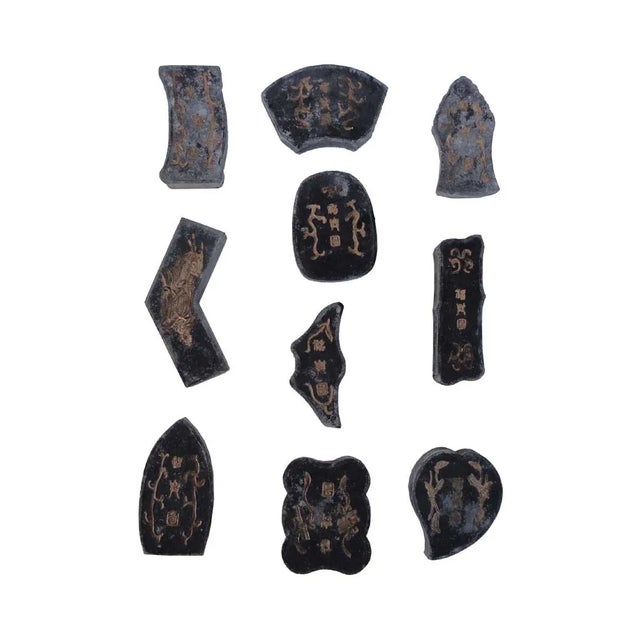 This twelve-piece set of calligraphic ink stone is carved with twelve different Deity (Immortal) statues on one side and...