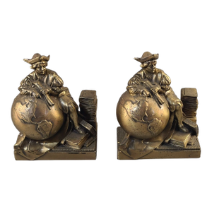 Pair of Antique Christopher Columbus Bronzed Bookends Maps, Books, Globe C1927